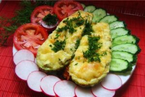 Кабачки фаршировані овочами в аерогрилі