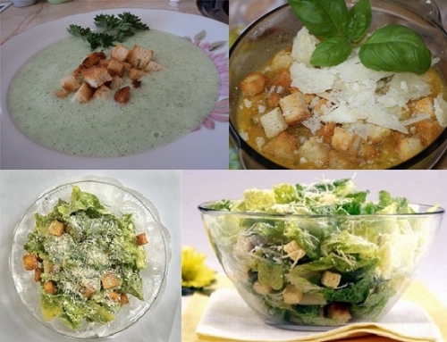 Супи, оформлені хлібними грінками. Салат Цезар з хлібними грінками.