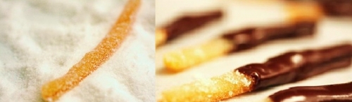 Обвалюємо цедру в цукрі, а потім занурюємо в шоколад