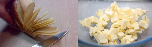 Нарізаємо хліб лусочками, а вершкове масло тонкими кубиками