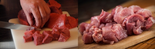 нарізаємо на шматочки свинину і яловичину