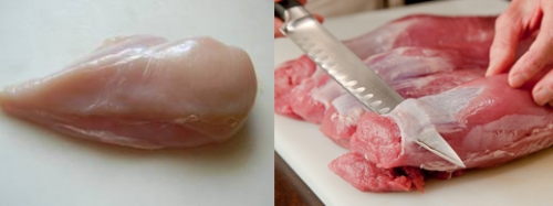 очищаємо куряче філе і свинину від жив і від жирку